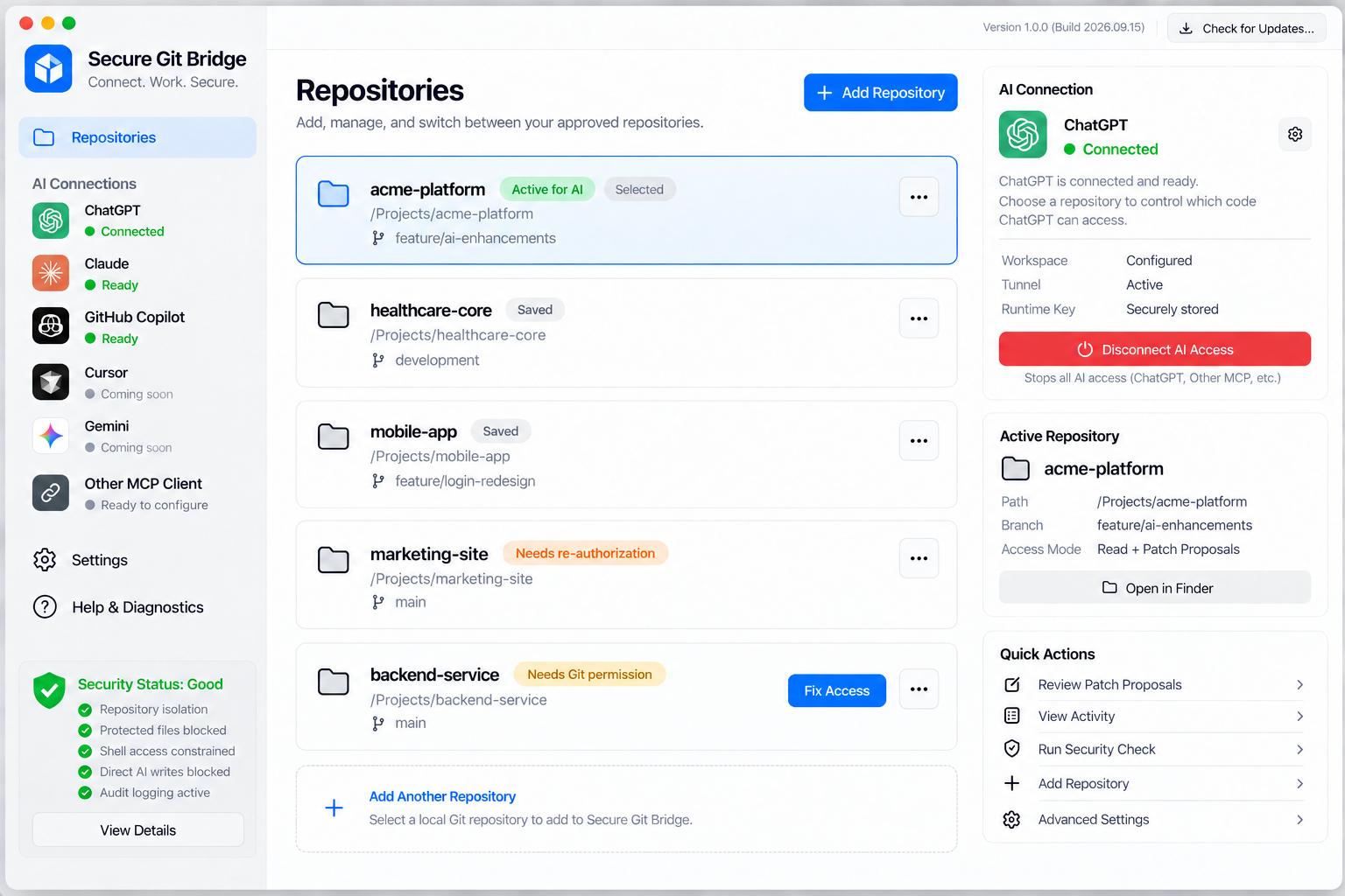 Secure Git Bridge desktop application showing approved repositories and multiple AI connections